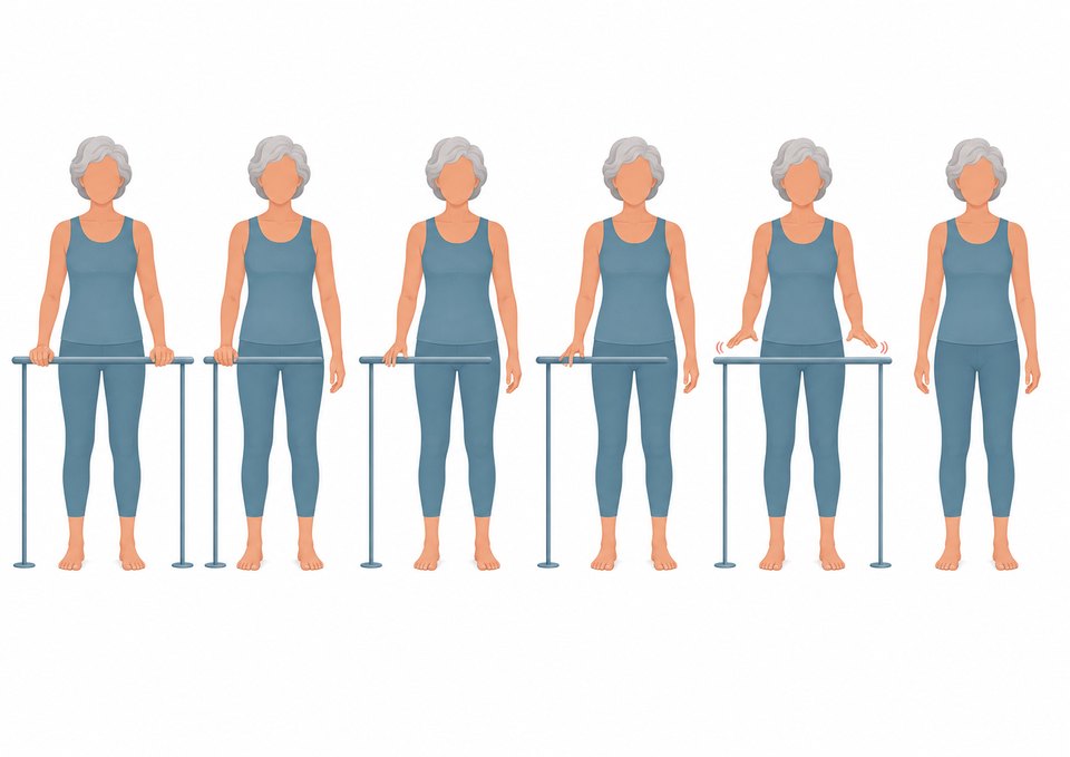 Reducing upper limb support, from two hands on the rail through to free standing