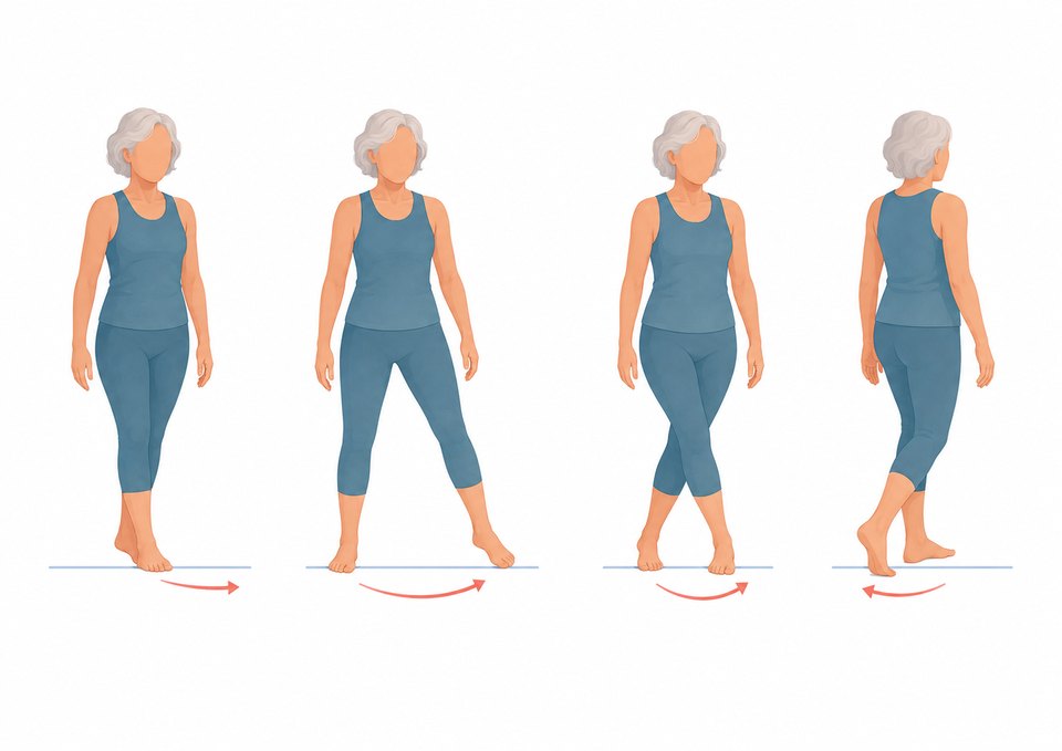 Weight transfers, stepping in four directions and tandem walking along a line